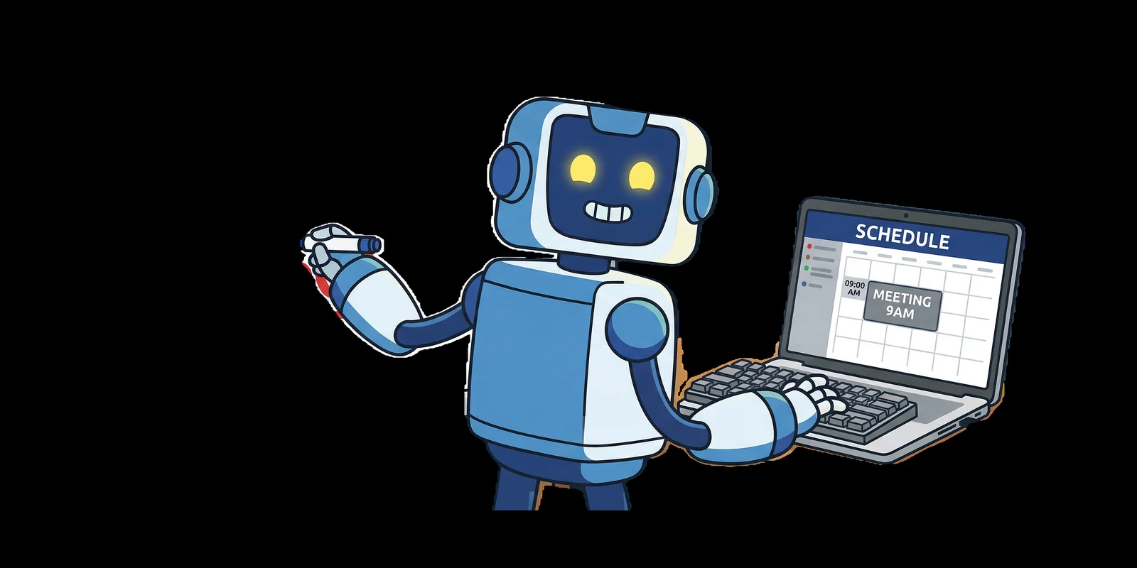 Ein blauer Cartoon-Roboter tippt auf einem Laptop mit einem Kalender und hebt fragend die freie Hand.