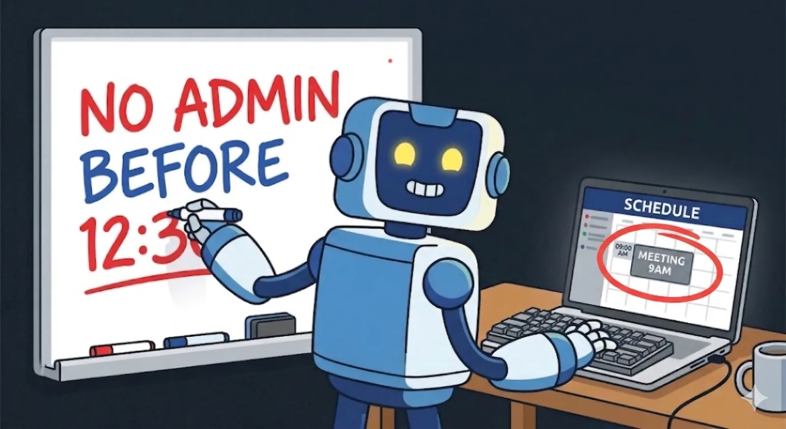 The robot writes the rule on the board and, in the same moment, plans the exact opposite. Image generated with AI.