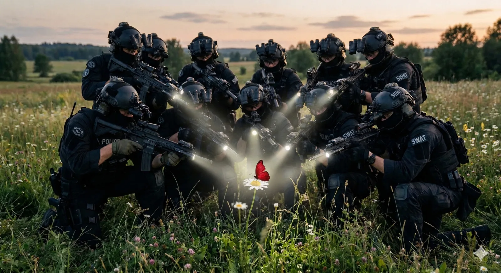 Ten agents for a tiny task: a SWAT team aiming at a butterfly. Image generated with AI.